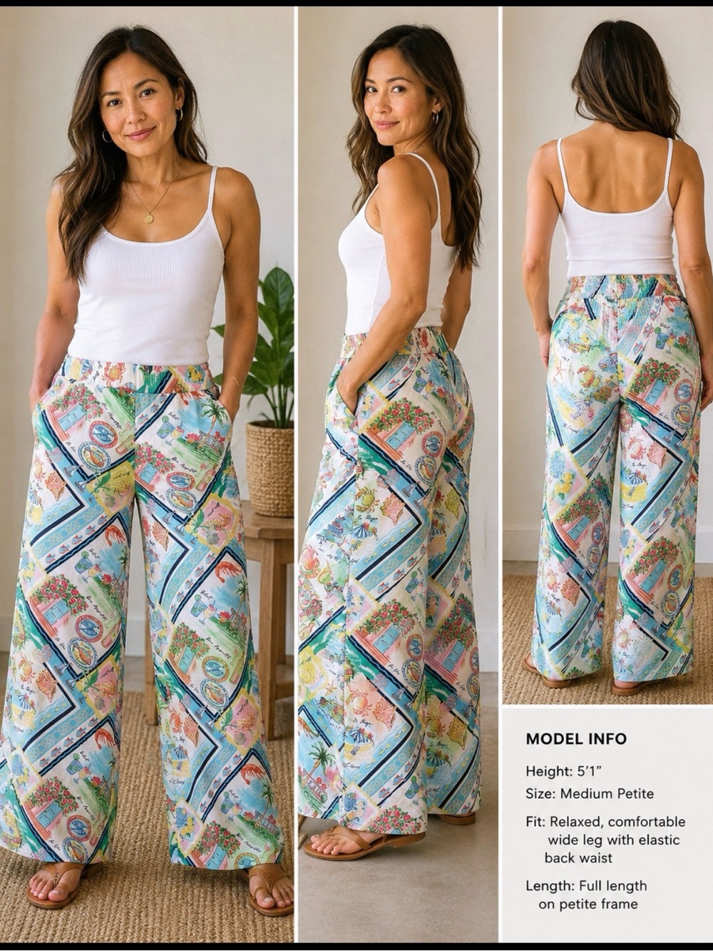 Talbots Linen Blend Coastal Print Wide Leg Crop Pants Resort MP